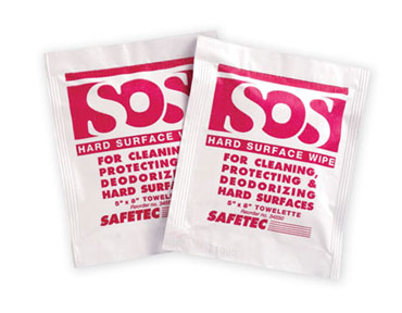SOS TM Surface Cleaner 5 in x 8 in towelette-100 per box S.O.S. tm Surface Cleaner, Surface wipes, Spill Cleanup, Safetec, antibacterial, large wipes