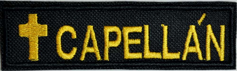 Capellán (Chaplain) embroidered patch 1 inch by 4 inches black background with gold lettering and Cross